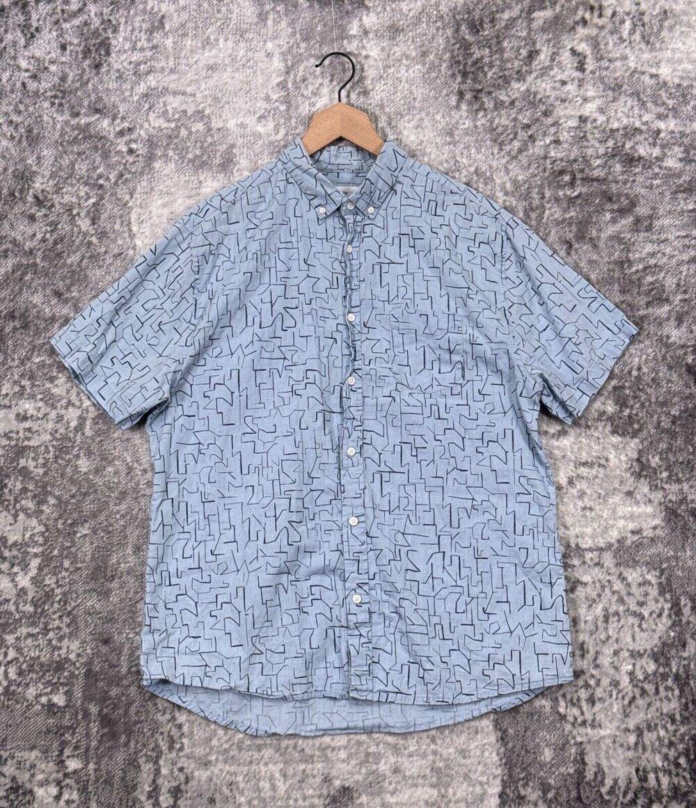 Onia Shirt Large Mens Light Blue Geometric Linen Short Sleeve Button Up